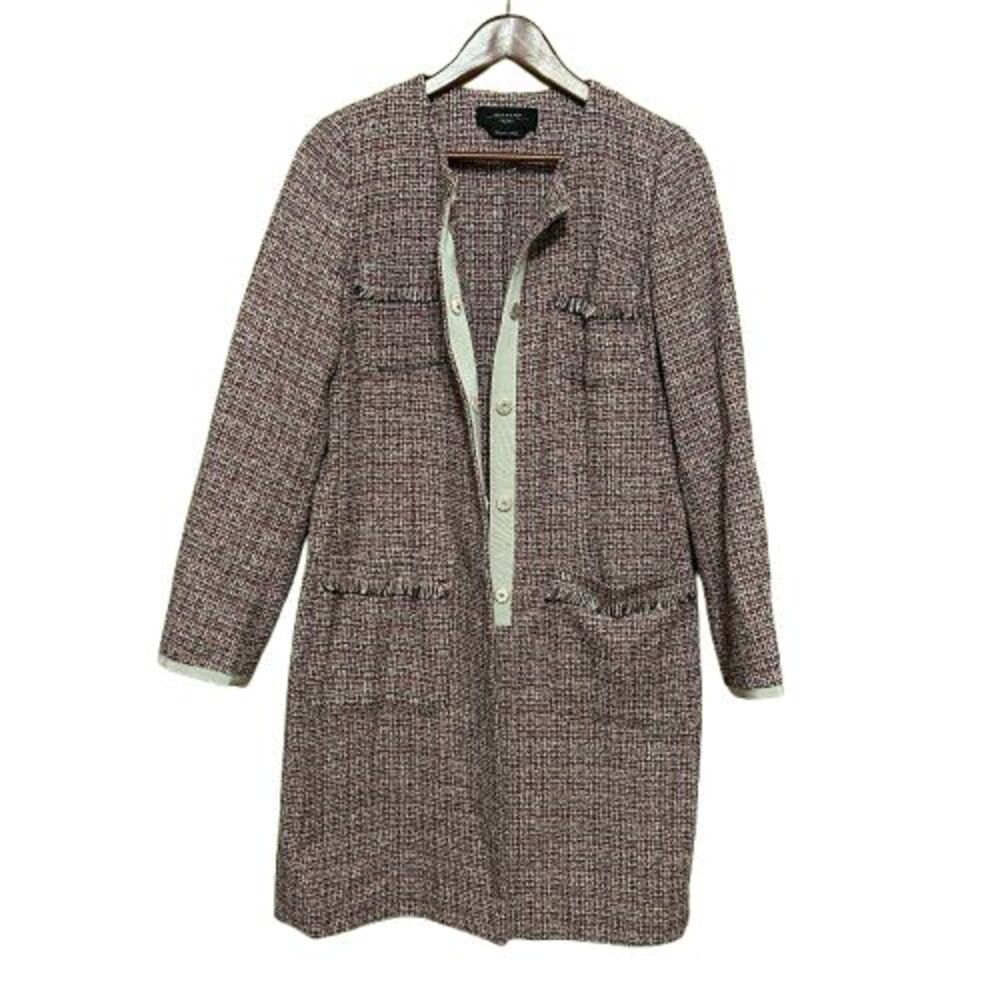 Weekend Max Mara Tweed Long Jacket Womens US 12 Pink Fringe Pockets